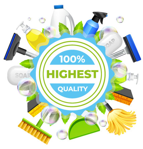 Schild mit der Aufschrift "100% Höchste Qualität" umgeben von Reinigungsutensilien wie Wicher, Schwämme und Reinigungsmitteln.