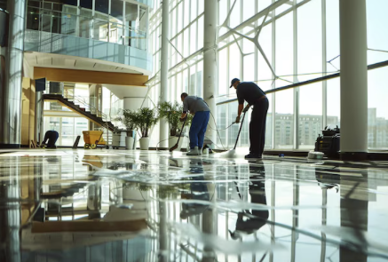 Großgebäude-Reinigung Zwei Reinigungskräfte wischen den Boden in einem modernen Glasgebäude.