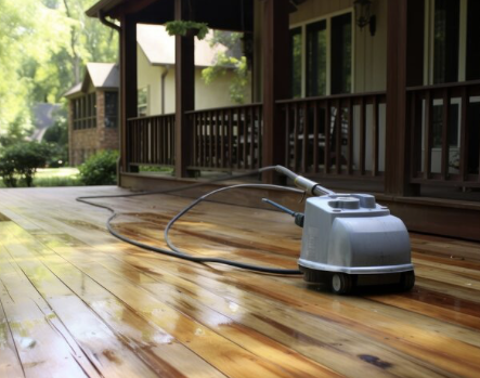 Holzboden-Reinigung Ein Bodenreinigungsgerät steht auf einem glänzenden Holzterrassendielenboden.