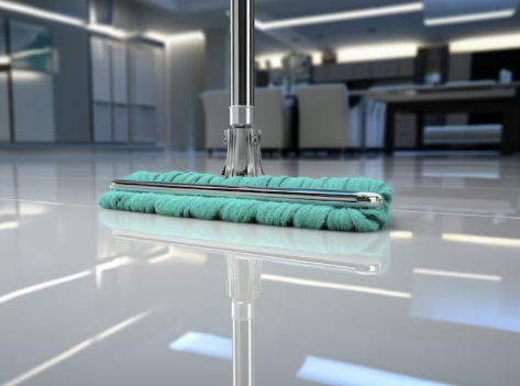 Boden-Reinigung Mopp mit türkisfarbenem Kopf auf glänzendem Boden in einem modernen Raum.
