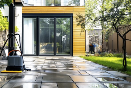 Pflaster-Reinigung Helle, gerade gereinigte Terrasse mit modernen Fliesen, einem Hochdruckreiniger und einem Blick izur Eingangstür.