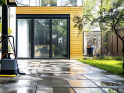 Sauberer Außenbereich mit gepflastertem Boden und großen Fenstern und einer Glastür im Hintergrund.