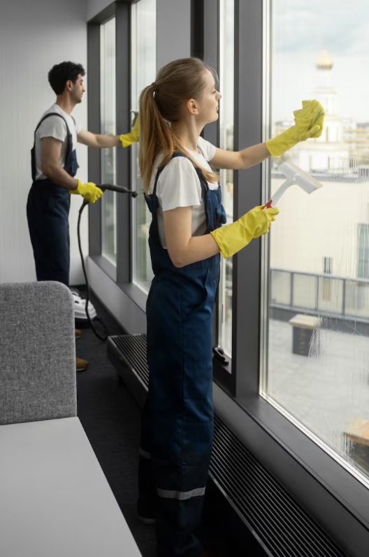 Fenster-Reinigung Zwei Personen putzen Fenster in einem modernen, hellen Büro-Raum.