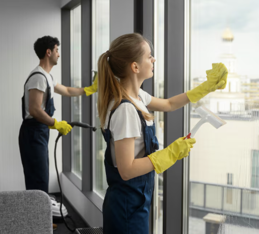 Fensterreinigung Zwei Personen in Arbeitskleidung putzen Fenster in einem modernen Büro.